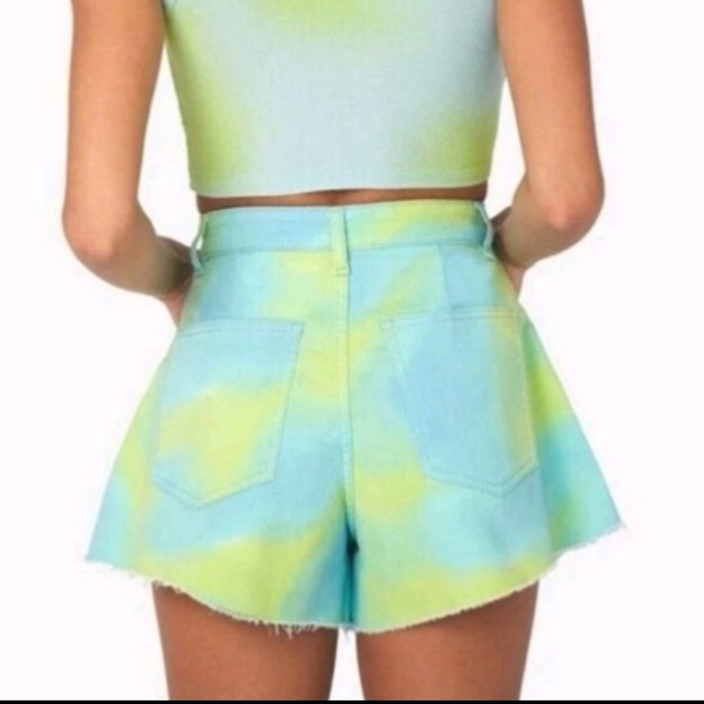 WeWoreWhat Tie Dye High Rise A-Line Denim Shorts Blue Green Festival Size 24 NWT - Picture 2 of 7